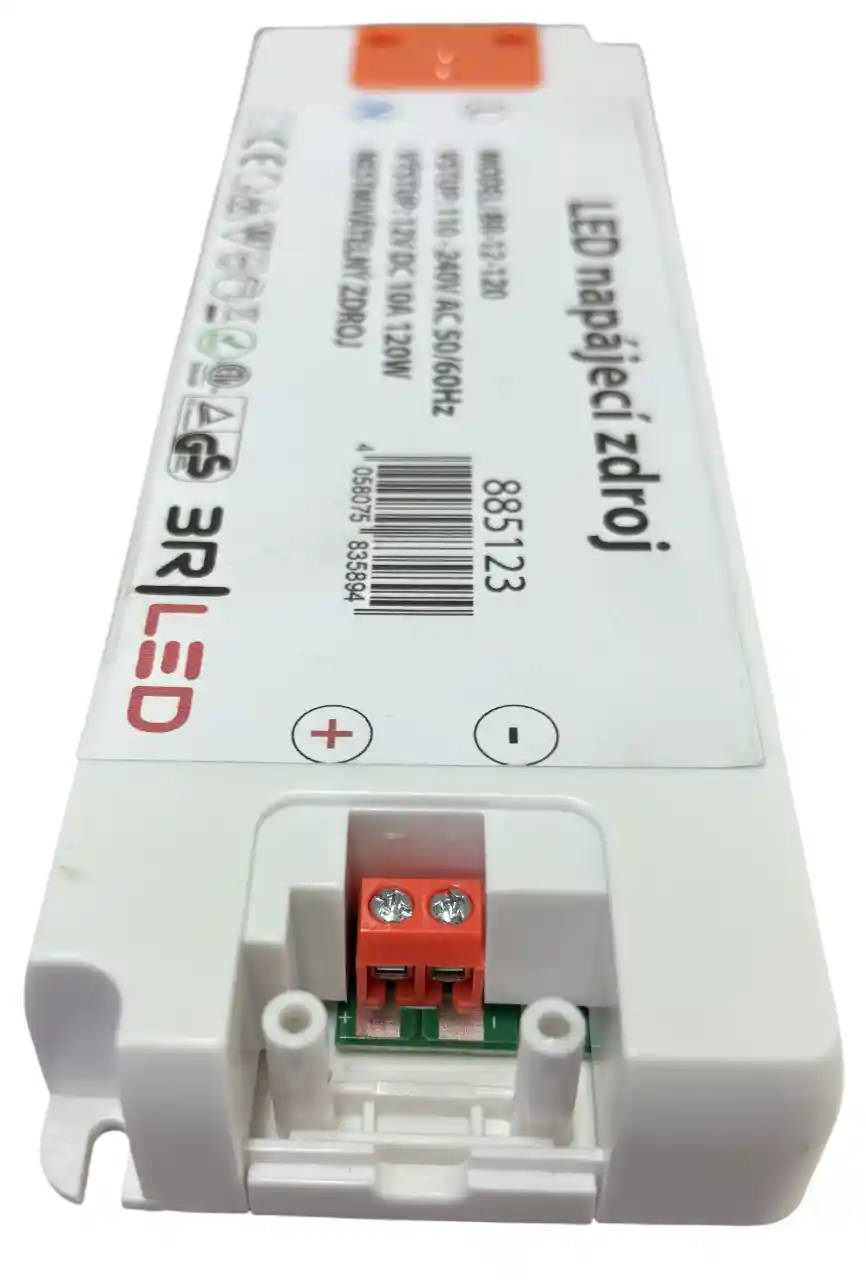 Technický štítek LED zdroje BR-12-120 s MTBF 316200 hodin vstup 110 až 240V AC záruka 2 roky
